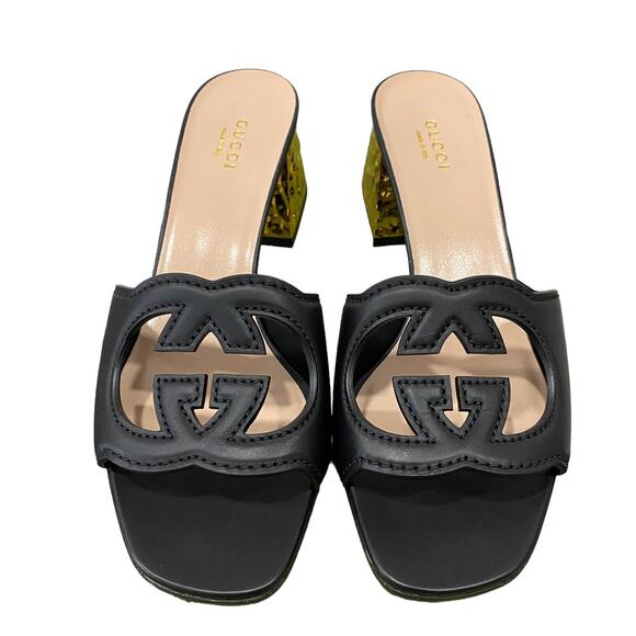 Gucci Interlocking G Cut Out Black Leather Gold Block Heel Sandal 38.5 - Picture 1 of 12